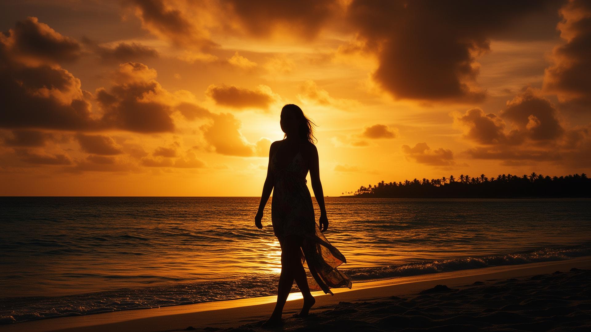 Silueta de mujer caminando por la orilla de Los Roques al atardecer