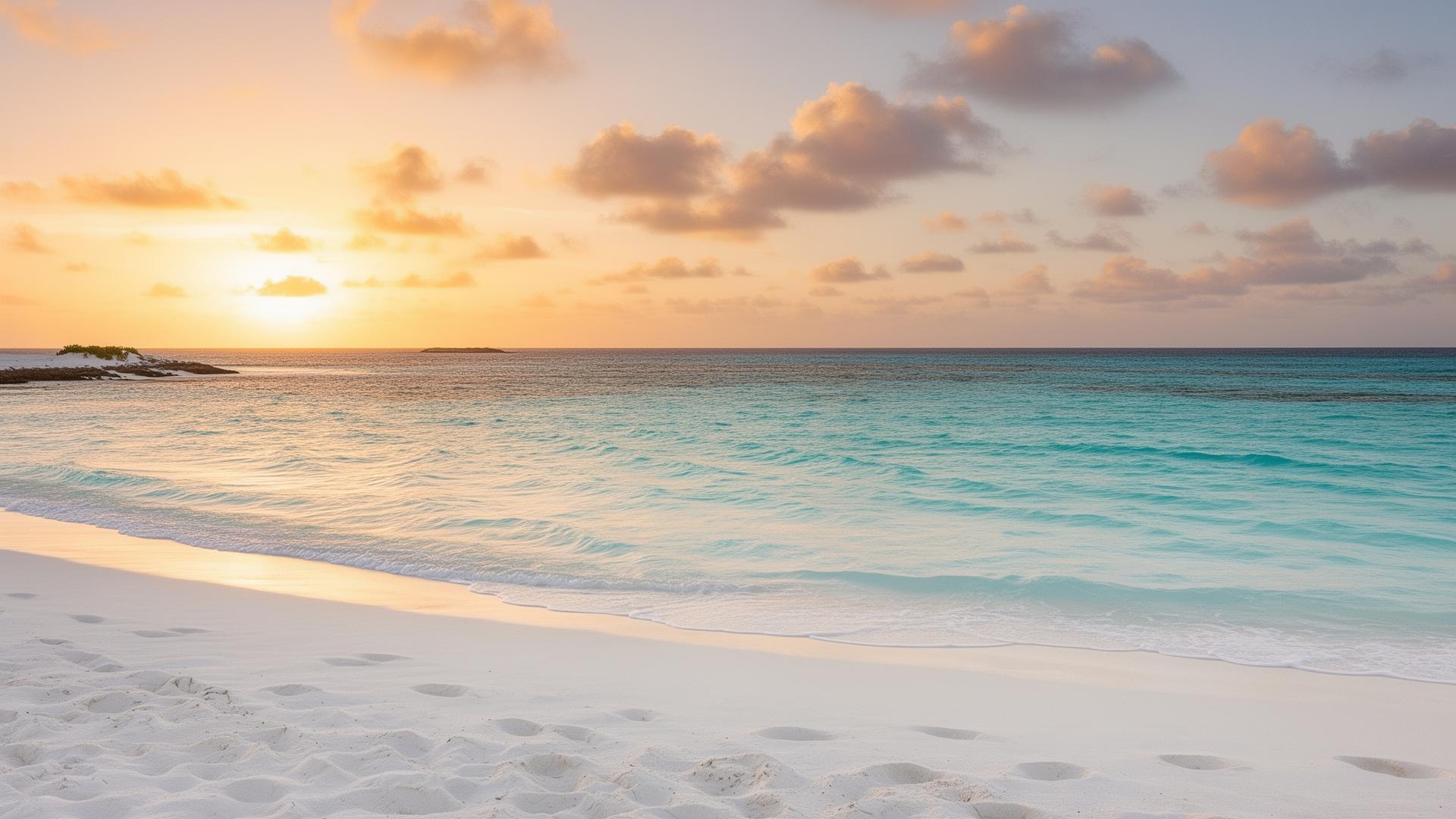 Atardecer dorado en Los Roques, Venezuela, con aguas turquesa y arena blanca